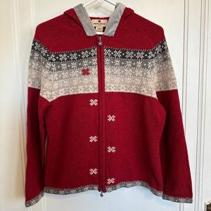 Womens WOOLRICH Vintage Ruby Red Zip Hooded Cardigan Snowflake Holiday Sz. M